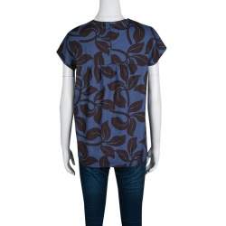 Pre Owned 'S Max Mara Blue and Black Leaf Printed Cap Sleeve Top M