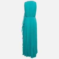Pre Owned Max Mara Turquoise Plisse Pleated V-Neck Maxi Dress M