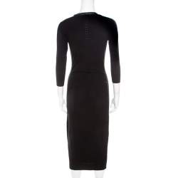 Pre Owned Max Mara Black Perforated Knit Detail Ruched V-Neck Dress S