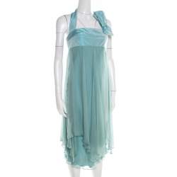 Pre Owned Max Mara Pale Blue Silk Organza Draped Bow Detail Halter Dress M