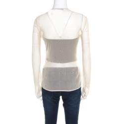 Pre Owned Max Mara Beige Stretch Nylon Mesh Eyelet Embroidered Sheer Top M