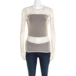 Pre Owned Max Mara Beige Stretch Nylon Mesh Eyelet Embroidered Sheer Top M