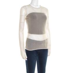 Pre Owned Max Mara Beige Stretch Nylon Mesh Eyelet Embroidered Sheer Top M