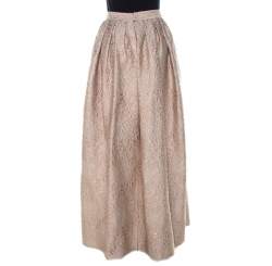 Max Mara Cream Lurex Floral Pattern Jacquard Long Skirt S 