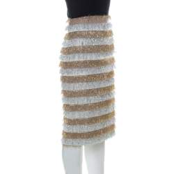 Pre Owned Max Mara Gold and Silver Metallic Fringed Crepe Gavetta Skirt S 
