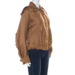 Pre Owned Max Mara Beige Silk Organza Detachable Hood Bomber Jacket M