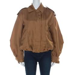 Pre Owned Max Mara Beige Silk Organza Detachable Hood Bomber Jacket M