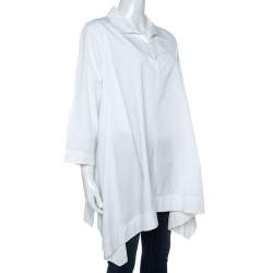 Pre Owned Max Mara White Cotton Hi-Lo Hem Collared Top L