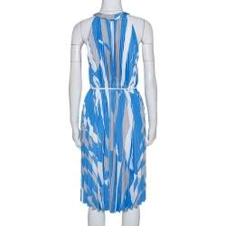 Pre Owned Max Mara Blue Plisse Belted Sleeveless Dress M