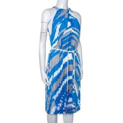 Pre Owned Max Mara Blue Plisse Belted Sleeveless Dress M