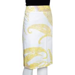 Pre Owned Max Mara Yellow Paisley Print Stretch Cotton Pencil Skirt M