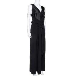 Pre Owned Max Mara Black Satin & Crepe Bow Detail Sleeveless Maxi Dress L