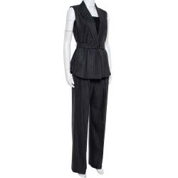 Pre Owned Max Mara Grey Striped Wool & Cashmere Belted Pant Suit XS