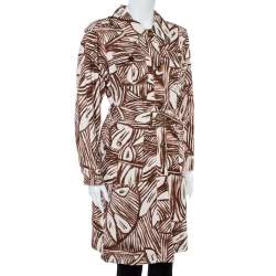 Max Mara White & Brown Printed Canvas Belted Coat M