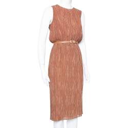 Pre Owned Max Mara Brown Plisse Belted Sleeveless Dress S