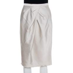 Max Mara Studio Cream Satin Pleated Detail Midi Skirt S