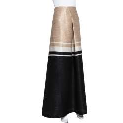Pre Owned Max Mara Black & Beige Textured Cotton Tondo Maxi Skirt L