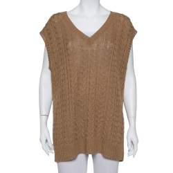 Pre Owned Max Mara Camel Brown Cable Knit Sleeveless Sweater L