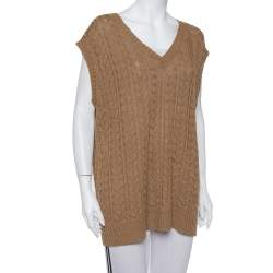 Pre Owned Max Mara Camel Brown Cable Knit Sleeveless Sweater L