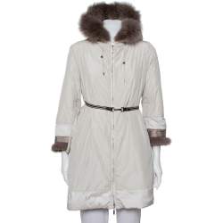 Pre Owned Max Mara The Cube Cream Quilted Fur Lined Hooded Jacket M