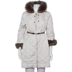 Pre Owned Max Mara The Cube Cream Quilted Fur Lined Hooded Jacket M