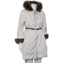 Pre Owned Max Mara The Cube Cream Quilted Fur Lined Hooded Jacket M