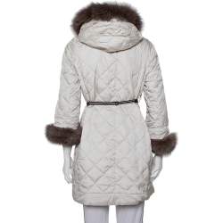 Pre Owned Max Mara The Cube Cream Quilted Fur Lined Hooded Jacket M