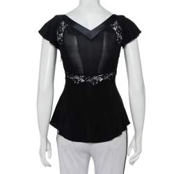 Pre Owned Max Mara Black Knit & Lace Trim Bow Detail Top S