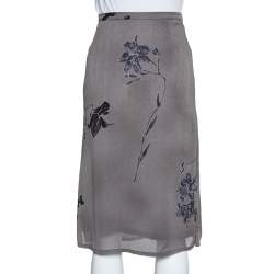 Pre Owned Max Mara Grey Floral Printed Chiffon Midi Skirt L