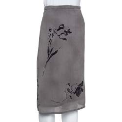 Pre Owned Max Mara Grey Floral Printed Chiffon Midi Skirt L