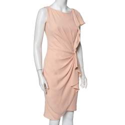Pre Owned Max Mara Pink Crepe Drape Detail Ruffled Midi Dress L
