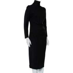 Pre Owned Max Mara Black Wool High Neck Open Neck Midi Dress L