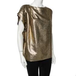 Pre Owned Max Mara Gold Lame Pleated Shoulder Detail Sleeveless Top M 