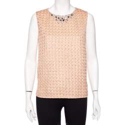 Max Mara Peach Patterned Crepe Embellished Neckline Detail Top L 