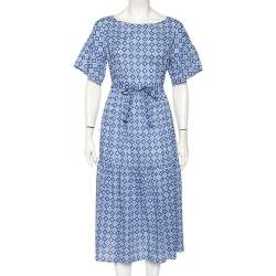 Pre Owned Weekend Max Mara Blue Mosaic Print Cotton Pleated Hem Detail Long Dress L