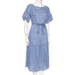 Pre Owned Weekend Max Mara Blue Mosaic Print Cotton Pleated Hem Detail Long Dress L