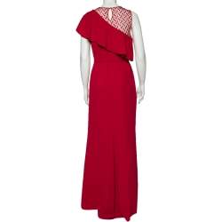 Pre Owned Max Mara Red Crepe & Lace Trim Ruffle Detail Maxi Dress M