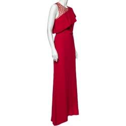 Pre Owned Max Mara Red Crepe & Lace Trim Ruffle Detail Maxi Dress M