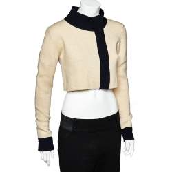 Pre Owned Max Mara Beige Wool & Cashmere Contrast Trim Zip Front Cropped Cardigan L