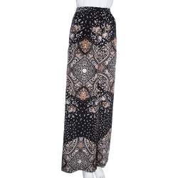 Pre Owned Max Mara Studio Black Printed Silk Elasticized Waist Wide Leg Pants L