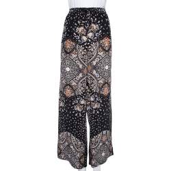 Pre Owned Max Mara Studio Black Printed Silk Elasticized Waist Wide Leg Pants L