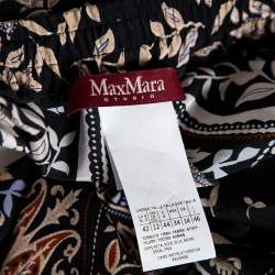 Pre Owned Max Mara Studio Black Printed Silk Elasticized Waist Wide Leg Pants L