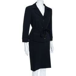 Max Mara Black Crepe Button Front Belted Blazer And Skirt Set M