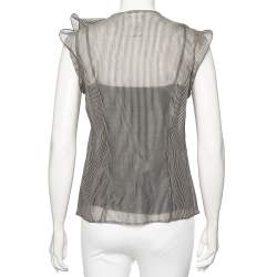 Pre Owned Max Mara Monochrome Striped Silk And Cotton Ruffled Sleeveless Sheer Top M