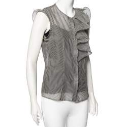 Pre Owned Max Mara Monochrome Striped Silk And Cotton Ruffled Sleeveless Sheer Top M