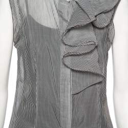 Pre Owned Max Mara Monochrome Striped Silk And Cotton Ruffled Sleeveless Sheer Top M