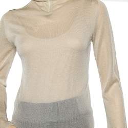 Max Mara Beige Sheer Lurex Knit Turtle Neck Long Sleeve Top M