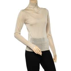 Max Mara Beige Sheer Lurex Knit Turtle Neck Long Sleeve Top M