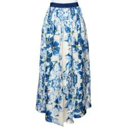 Pre Owned Max Mara White & Blue Floral Print Silk Maxi Skirt S