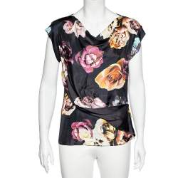 Pre Owned Max Mara Black Floral Print Crepe Orel Top M